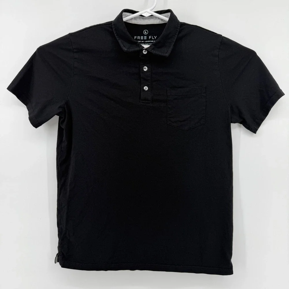 Free Fly Mens Black Short Sleeve Polo Shirt Size L Comfort Bamboo Outdoor Casual